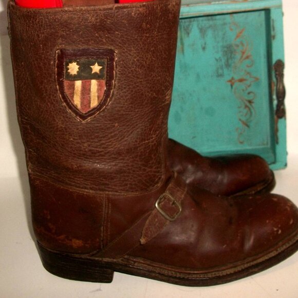 Vintage Handmade Moto Harness Boots with Handsewn American Flag in Shield 8M GW - Picture 1 of 13